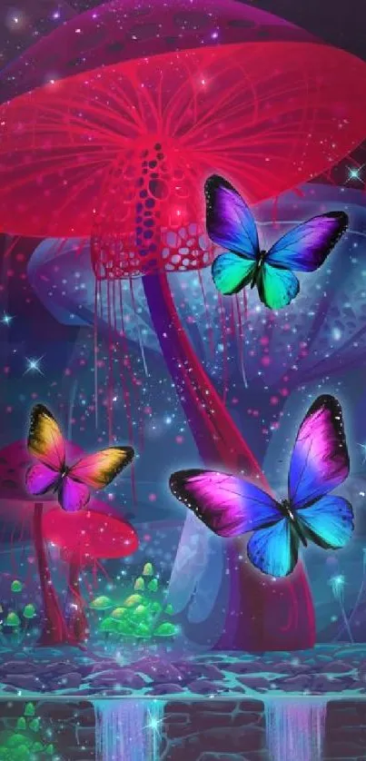 Vibrant fantasy wallpaper with glowing butterflies and mushrooms.