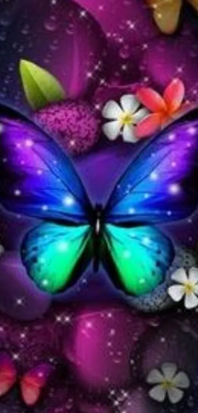 Colorful butterfly and flowers on a purple background.