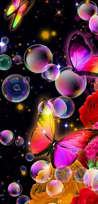 Vibrant butterfly wallpaper with bubbles and flowers.