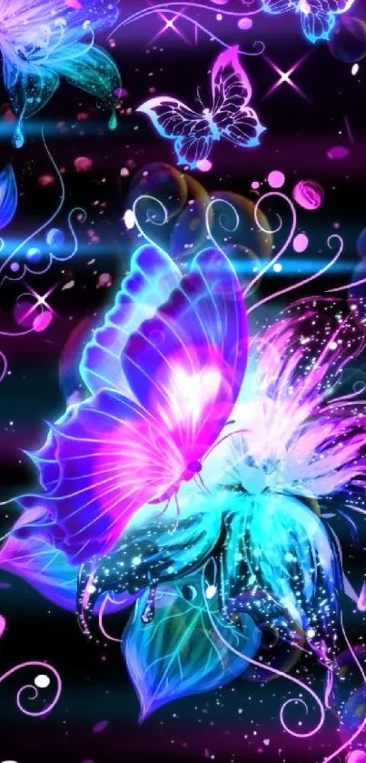 Vibrant neon butterfly and floral fantasy mobile wallpaper.