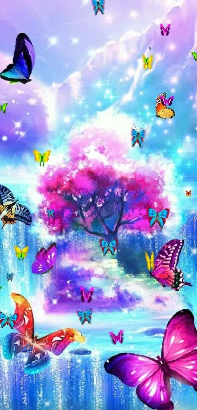 Colorful butterflies around a pink tree.