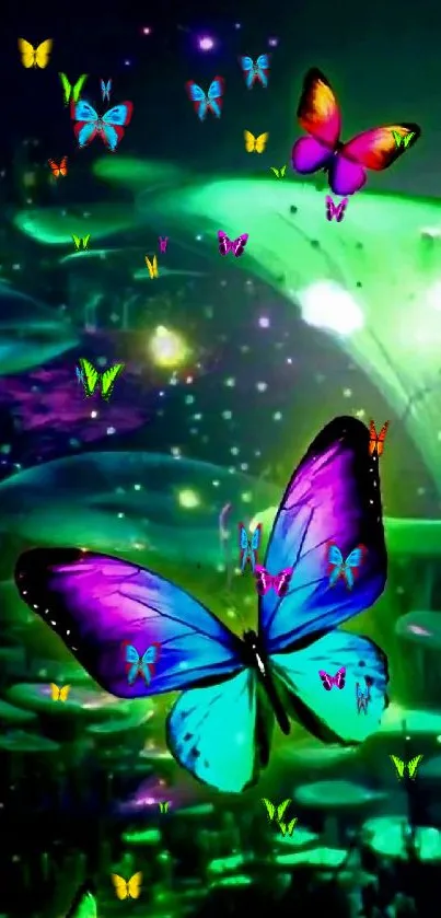 Colorful butterfly fantasy wallpaper with vibrant green glow.