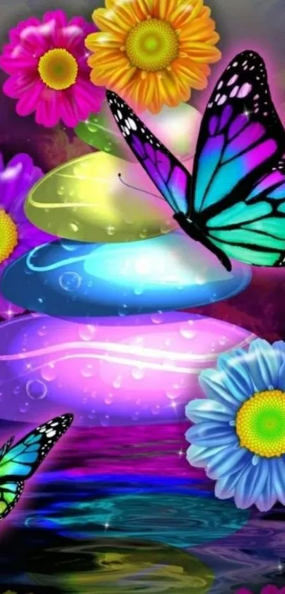 Colorful butterfly and flowers fantasy wallpaper.