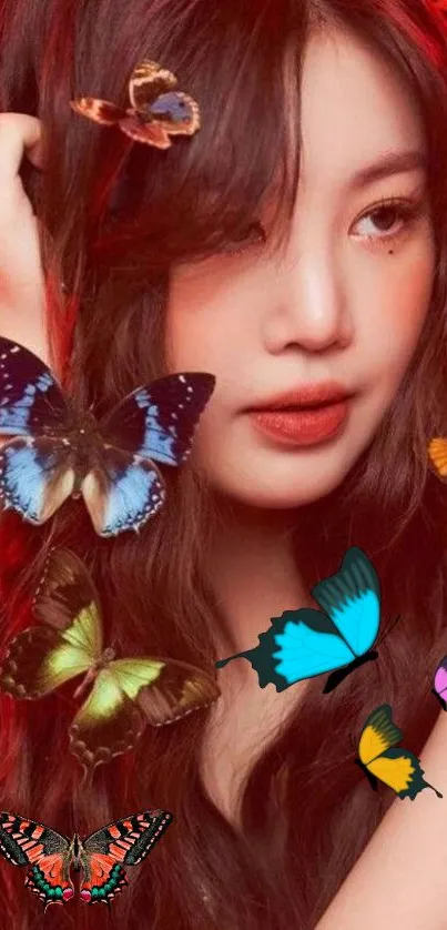 Mobile wallpaper with butterflies and a red background.