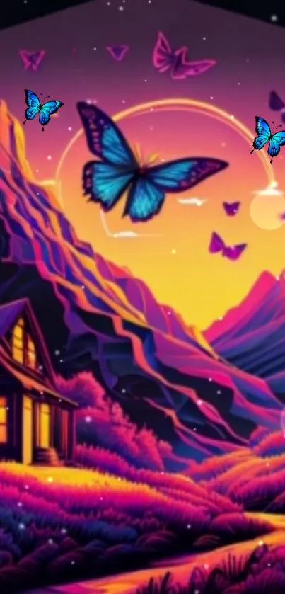 Vivid fantasy mountain with butterflies in mesmerizing sunset hues.