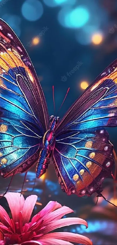 A vibrant butterfly amidst glowing lights and flowers, creating a fantasy scene.