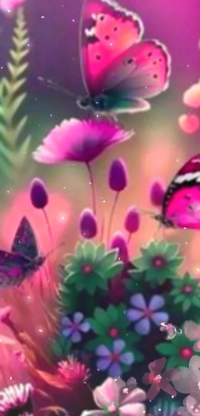 Whimsical fantasy wallpaper with butterflies and vibrant flowers in pink and purple.
