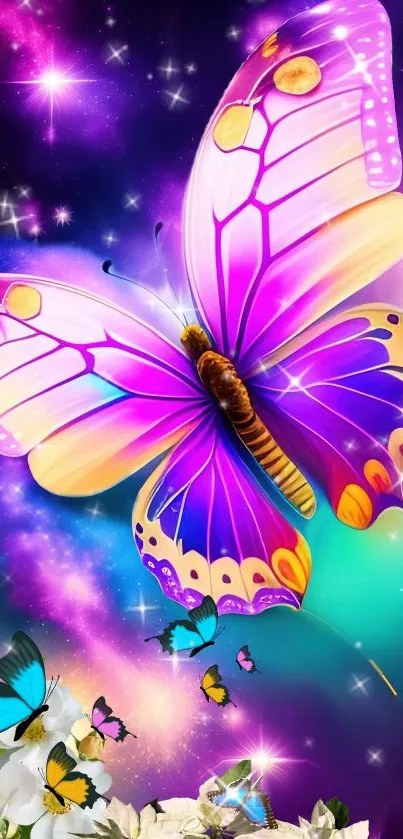 Colorful fantasy wallpaper with vibrant purple butterfly.