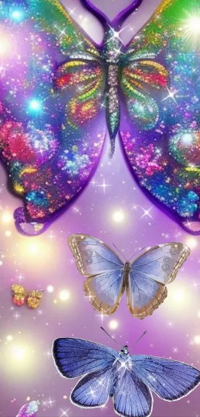 Vibrant purple butterfly fantasy wallpaper with sparkles.