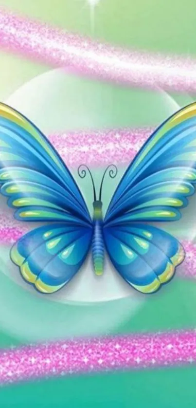 Vibrant blue butterfly on abstract green and pink wallpaper.