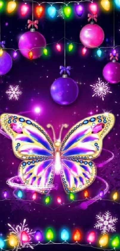 Vibrant butterfly with colorful lights and purple background.