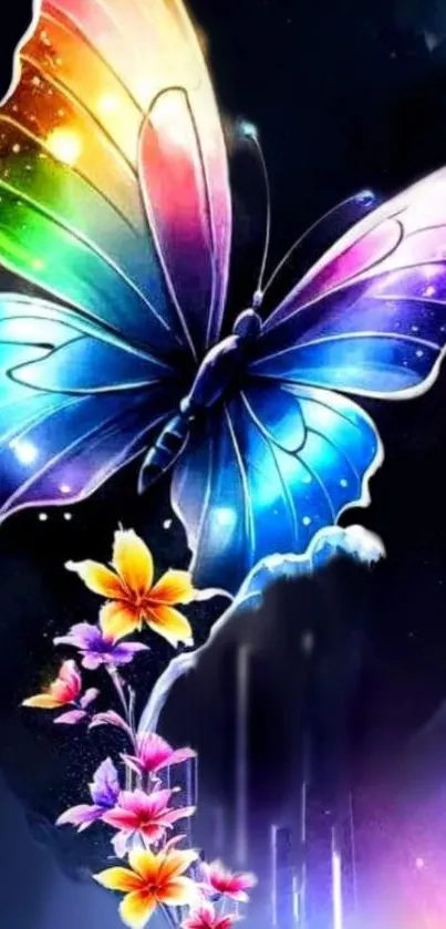 Vibrant fantasy wallpaper with a colorful butterfly and flowers.