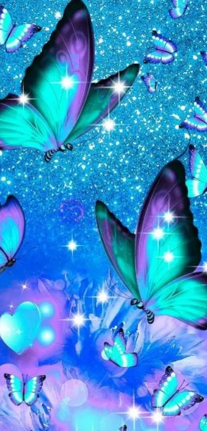 Colorful butterfly wallpaper with sparkles and vibrant blue hues.