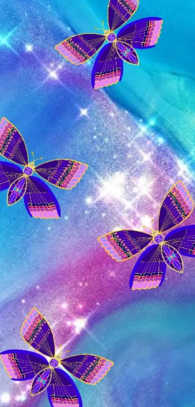 Vibrant wallpaper with purple butterflies on a mystical blue background.