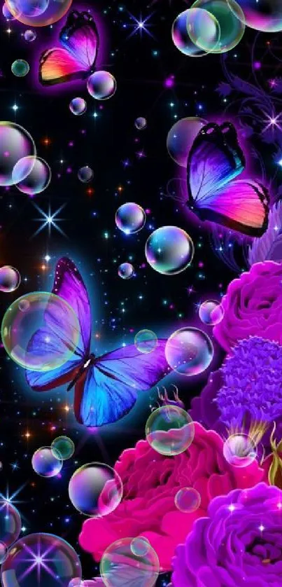 Vibrant butterfly and flower fantasy wallpaper with dark purple background.