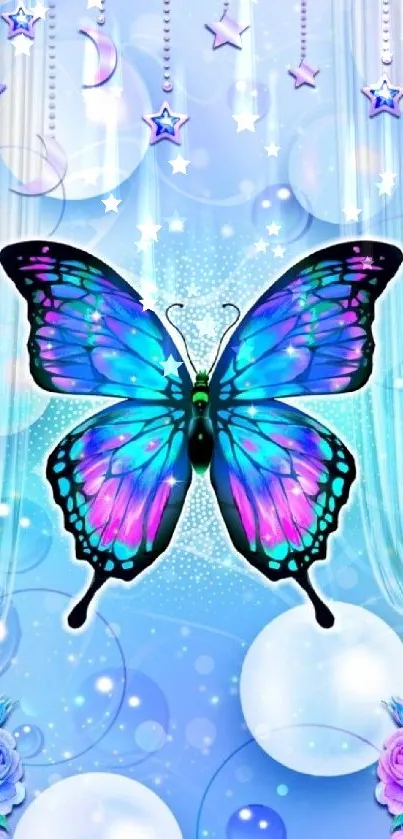 Vibrant blue butterfly with floral design wallpaper.