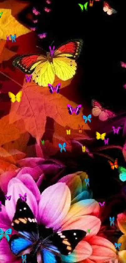 Vibrant mobile wallpaper with butterflies, flowers, and colorful leaves.