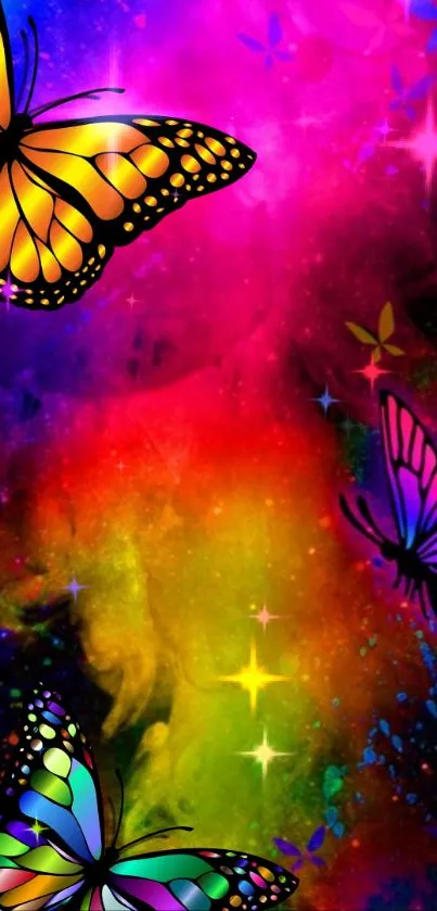 Vibrant butterfly wallpaper with fantasy theme and bright rainbow colors.