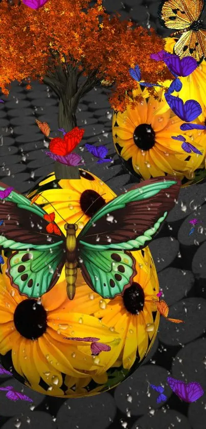 Colorful butterfly and floral mobile wallpaper with vibrant design.