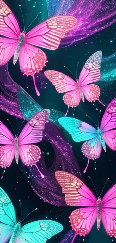 Vibrant cosmic wallpaper with pink butterflies on a dark fantasy background.