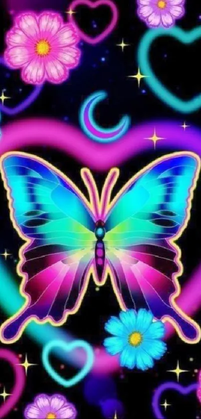 Colorful neon butterfly with flowers and hearts on black background.