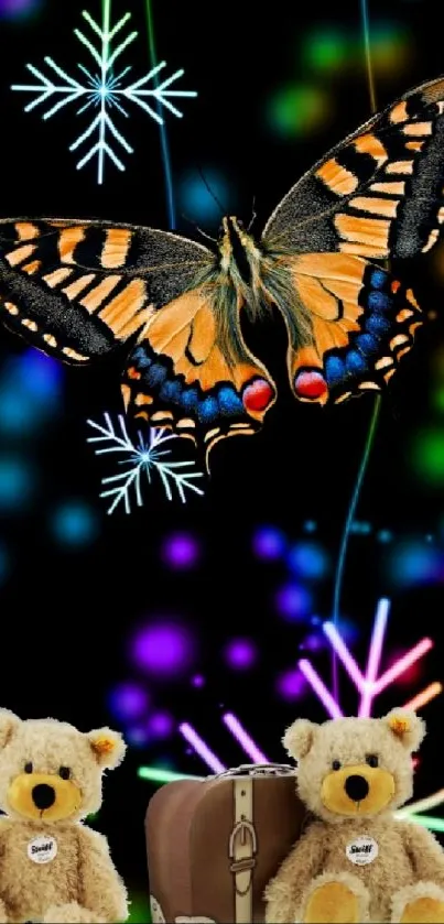 Vibrant butterfly with neon lights and teddy bears on a black background.