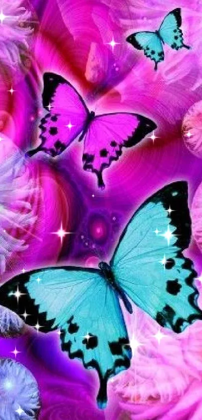 Vibrant pink and blue butterfly wallpaper with floral elements.