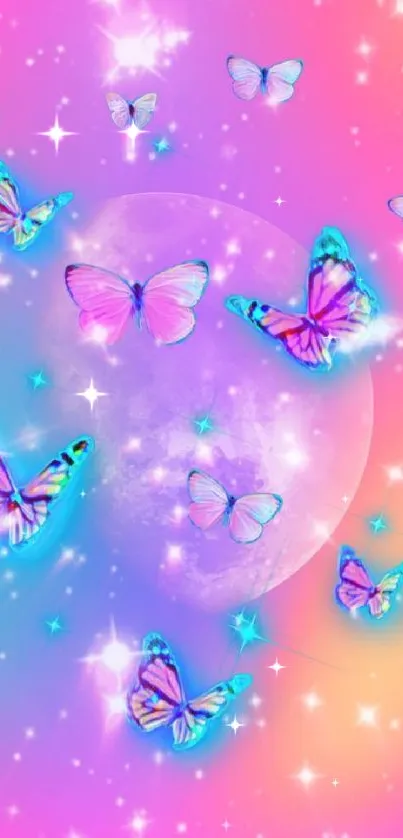 Colorful wallpaper with butterflies and stars on a pastel background.