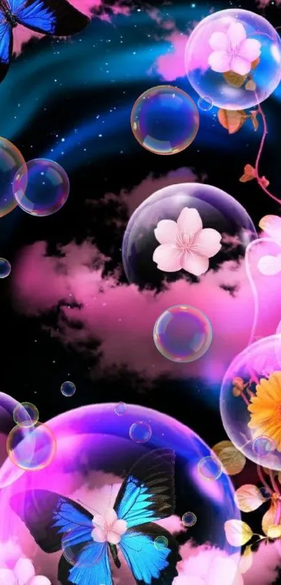 Vibrant butterfly and flower fantasy wallpaper with cosmic background.