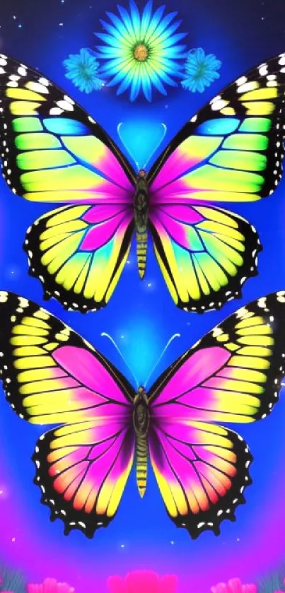 Vibrant neon butterflies with flowers and starry background.