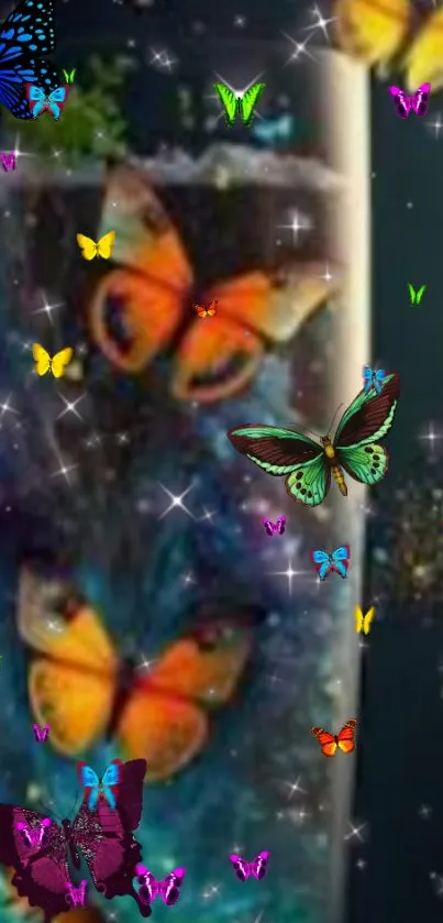 Colorful butterflies with sparkles and a cosmic background in dark blue.