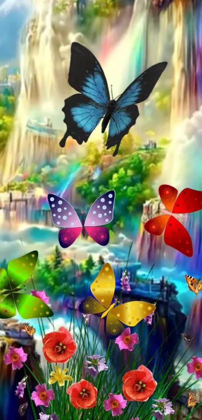Colorful butterflies with rainbow waterfall in fantasy scenery.