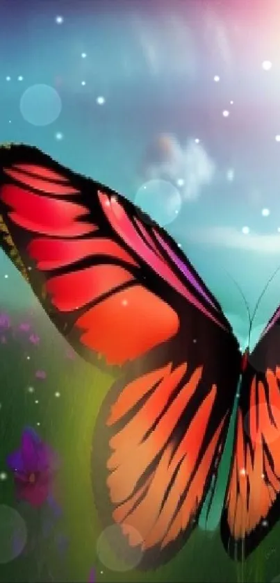 Vibrant magenta butterfly on a fantasy sunset background.