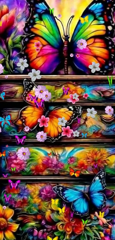 Vibrant butterfly fantasy art with colorful flowers on a dresser.