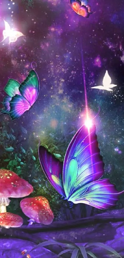 Fantasy butterfly and glowing mushrooms wallpaper with a purple starlit sky.