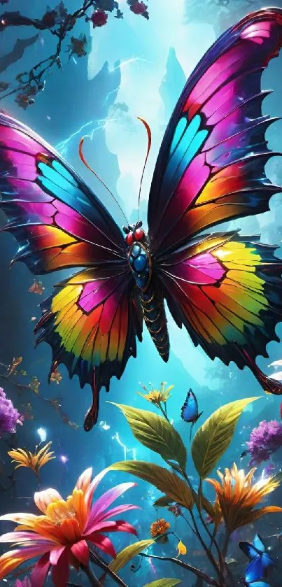 Vibrant fantasy butterfly with colorful wings and flowers.