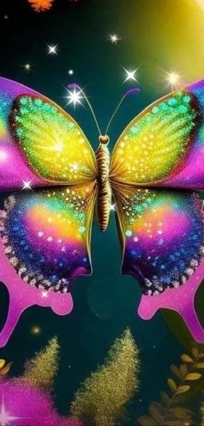 Vibrant butterfly with crescent moon in a fantasy night sky.