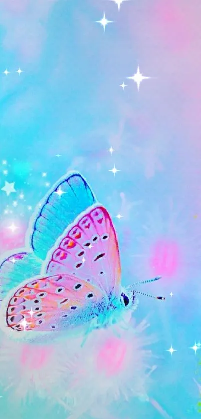 Vibrant pastel butterfly wallpaper with sparkles and soft colors.