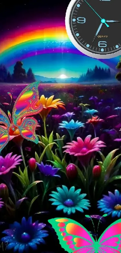 Vibrant fantasy wallpaper with butterflies, flowers, rainbow, and clock in a colorful scene.