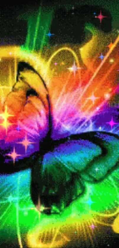 Colorful butterfly with neon lights background.