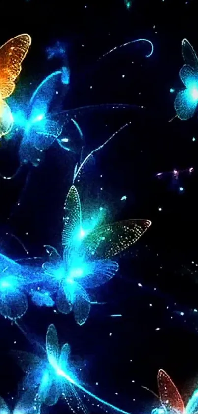 Vibrant glowing butterflies in cosmic night.