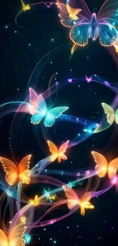 Vibrant neon butterflies swirl in a dark, magical fantasy setting.