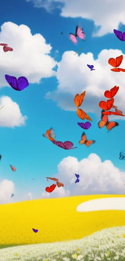 Colorful butterflies fluttering over a yellow field under a blue sky.