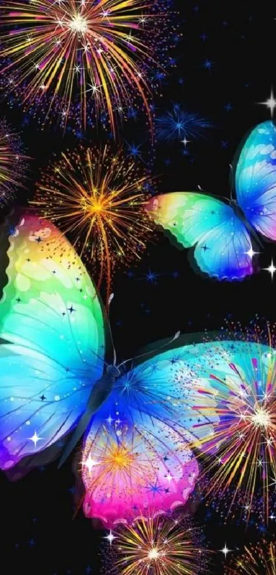 Colorful butterflies and fireworks on a black mobile wallpaper.