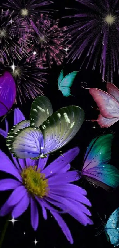 Colorful butterflies and fireworks on a purple flower background.