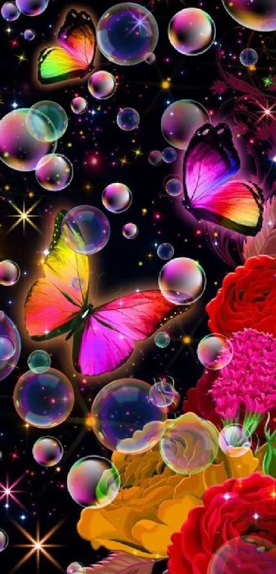 Colorful butterflies and flowers with bubbles on black background.