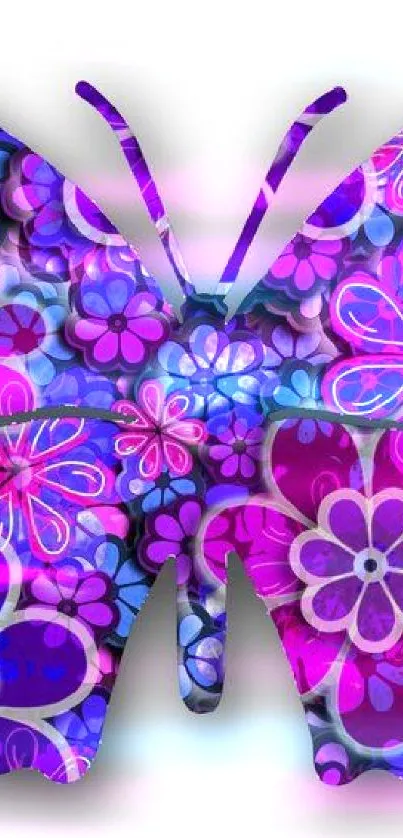 Colorful butterfly with purple floral patterns.