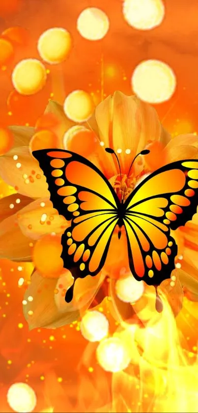 Orange butterfly with floral background on a mobile wallpaper.