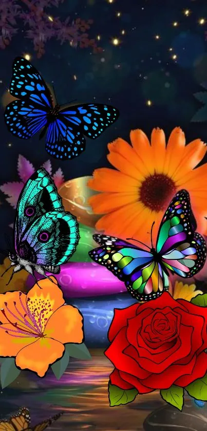 Vibrant wallpaper with butterflies and flowers, perfect for mobile screens.