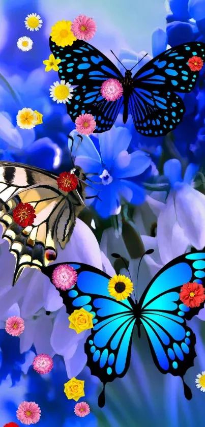 Blue butterfly and floral wallpaper design with vibrant colors.